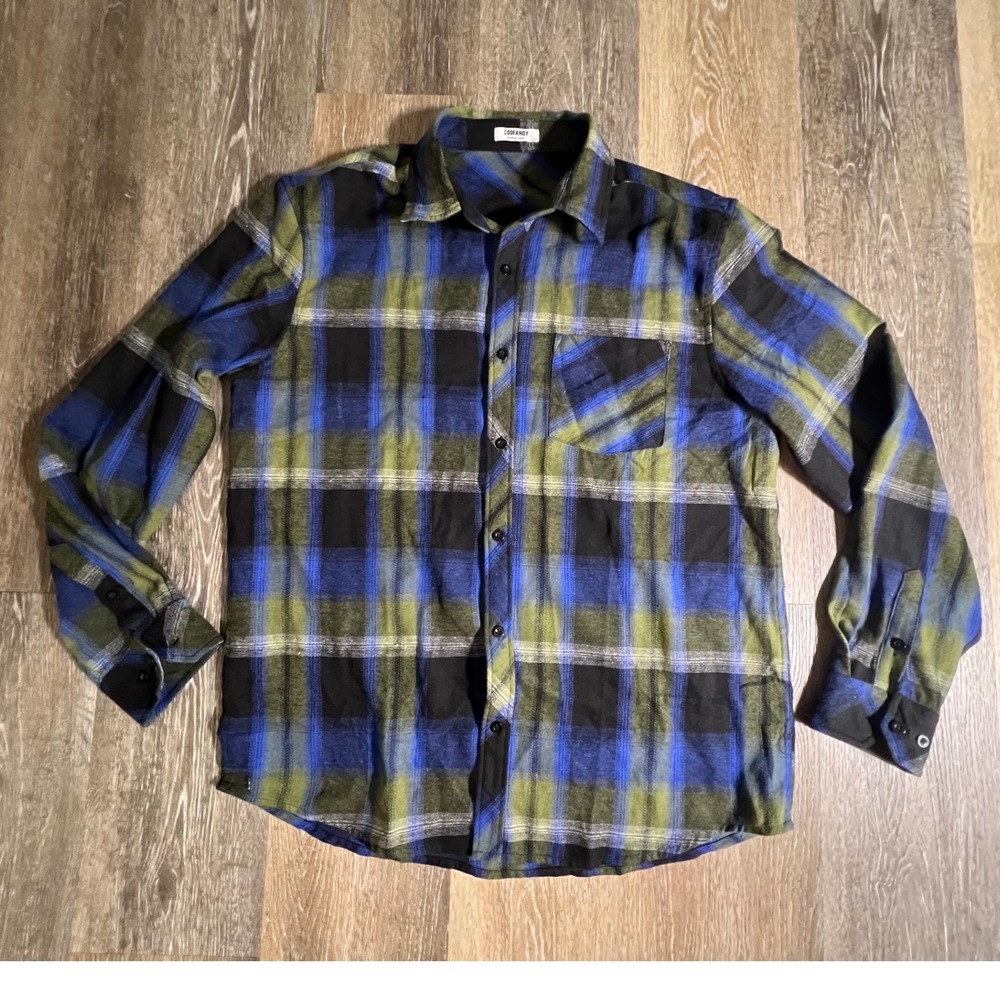 Coofandy Flannel Shirt Mens Large Blue Green Plaid Long Sleeve Button Down